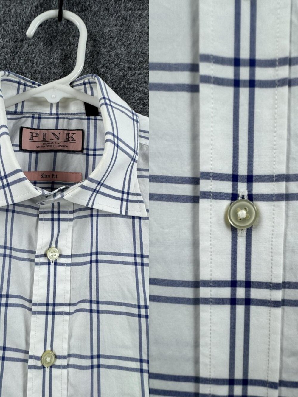 Thomas Pink Slim Men All Cotton White Blue 15.5 Check Point Long Sleeve Shirt